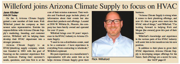 Willeford joins Arizona Climate Supply to focus on HVAC